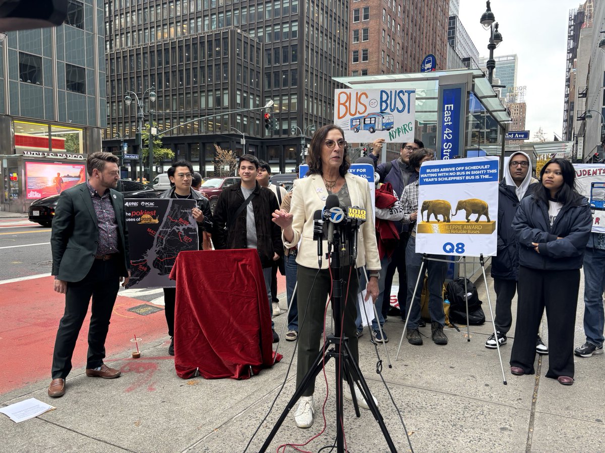 NEW: the <a href="/Straphangers/">Straphangers Campaign</a> and <a href="/NYPIRG/">NYPIRG</a> announce M42 as the “pokey” (slowest) award in @mta system. And Q8 as the “schleppie” (least reliable.) and <a href="/LisaDaglian/">Lisa Daglian</a> of <a href="/PCACriders/">PCAC to the MTA (🦋@pcac.org)</a> announcing the M79 as the “Mazel” (most improved) bus. #NBC4NY