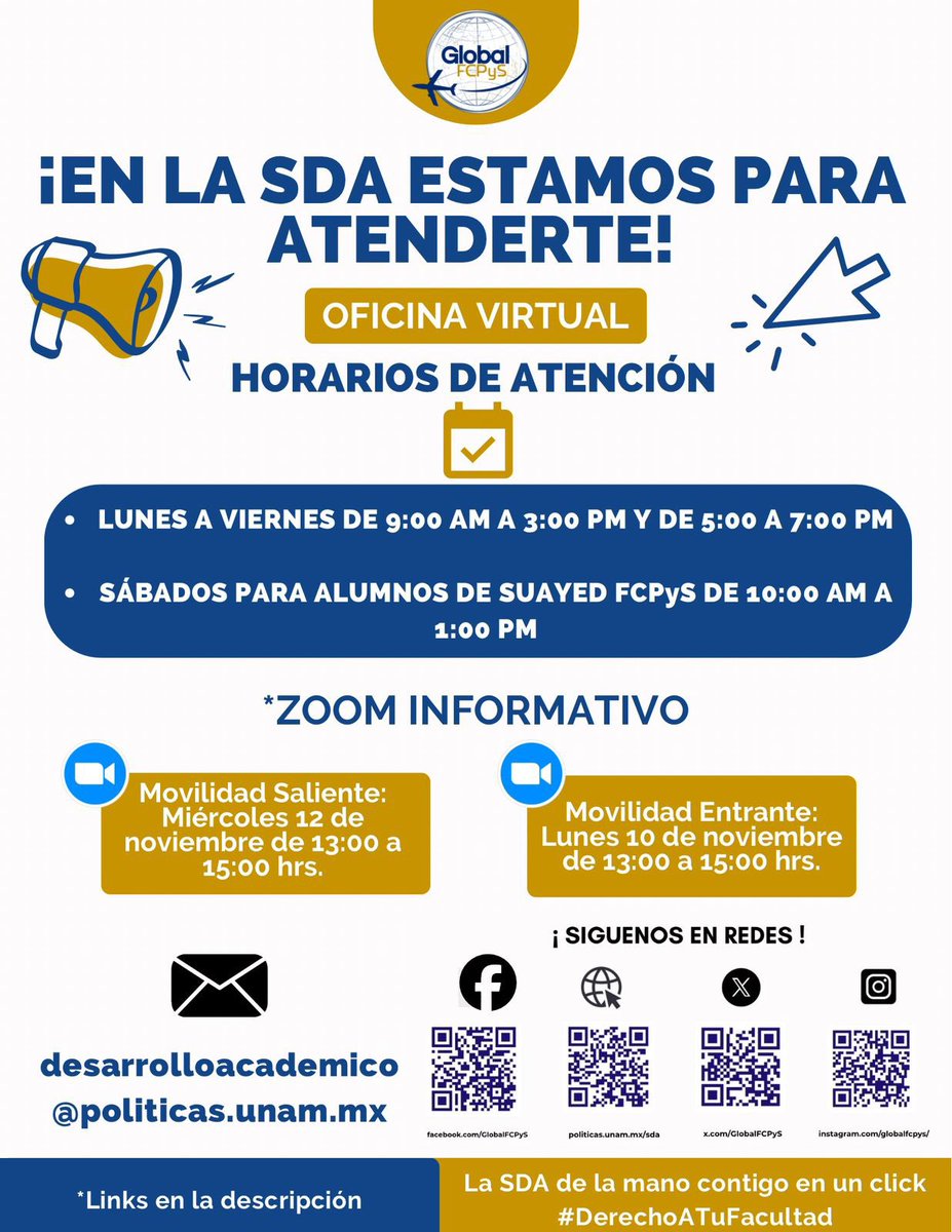 GlobalFCPyS's tweet image. Oficina virtual de la SDA 🤓🌎

🔗 Lunes 10 de noviembre: cuaed-unam-mx.zoom.us/j/87295048555 

🔗 Miércoles 12 de noviembre: cuaed-unam-mx.zoom.us/j/85005789930

Para más información de movilidad, consulta nuestra página en: politicas.unam.mx/sda/