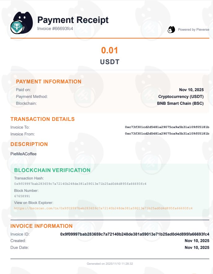 year6643's tweet photo. If you're feeling tired, grab a cup of coffee @pieverse_io 

I've generated a receipt for the BSC X402 coffee #Pieverse #PieMeACoffee #x402 https://t.co/GvvYImcV3s