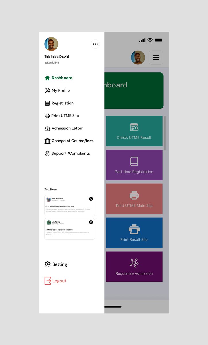 TobiDavidX's tweet image. Back again after a while 👋

I designed more screens for JAMB portal redesign  focusing on the mobile navigation and admission status pages.
Clean, consistent, and accessible because even edutech platforms deserve great design.

#UIDesign #UXDesign #Edutech #Jamb