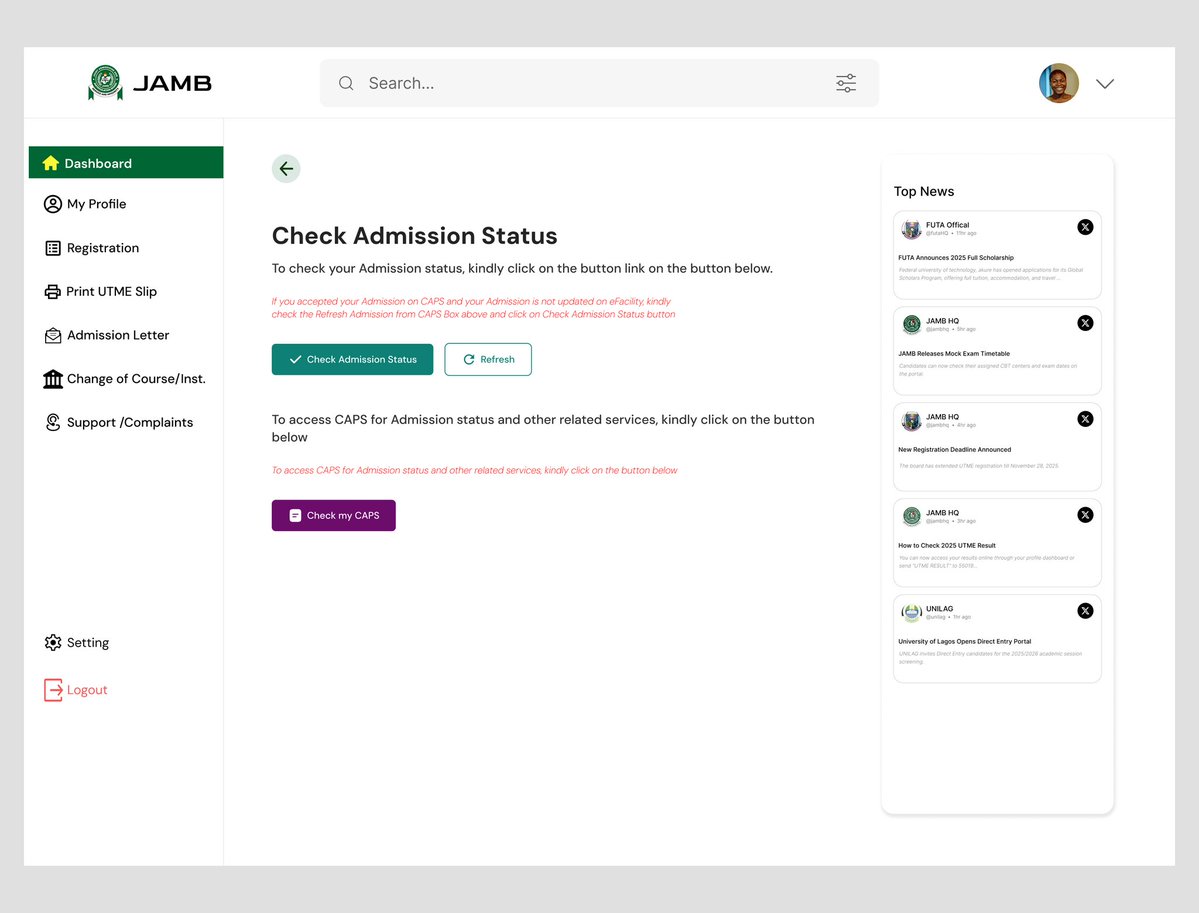 TobiDavidX's tweet image. Back again after a while 👋

I designed more screens for JAMB portal redesign  focusing on the mobile navigation and admission status pages.
Clean, consistent, and accessible because even edutech platforms deserve great design.

#UIDesign #UXDesign #Edutech #Jamb