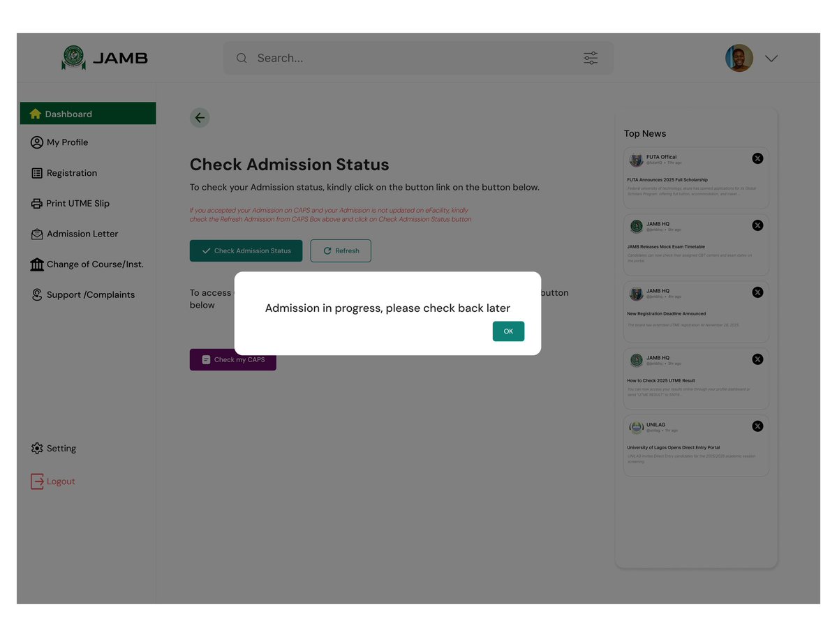 TobiDavidX's tweet image. Back again after a while 👋

I designed more screens for JAMB portal redesign  focusing on the mobile navigation and admission status pages.
Clean, consistent, and accessible because even edutech platforms deserve great design.

#UIDesign #UXDesign #Edutech #Jamb