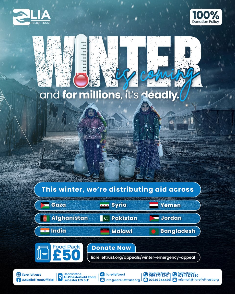 LIAReliefTrust's tweet image. From freezing tents in Gaza to mountain villages in Pakistan, families are facing a winter they cannot survive alone. ❄️
Your kindness can bring warmth, food, and hope across 9 countries.

💙 Donate now: liarelieftrust.org/appeals/winter…

#LIAReliefTrust  #Charity #help  #IslamicCharity
