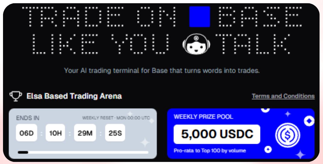 rodrigomcrypto's tweet image. The gladiator arena is open and @HeyElsaAI is on fire ❤️‍🔥

The “Trade on Base Like You Talk” campaign is live time to prove who really runs the trades on Base.

Every week, a $5,000 USDC prize pool will be shared among the Top 100 traders in the arena.

Make your moves, climb the…