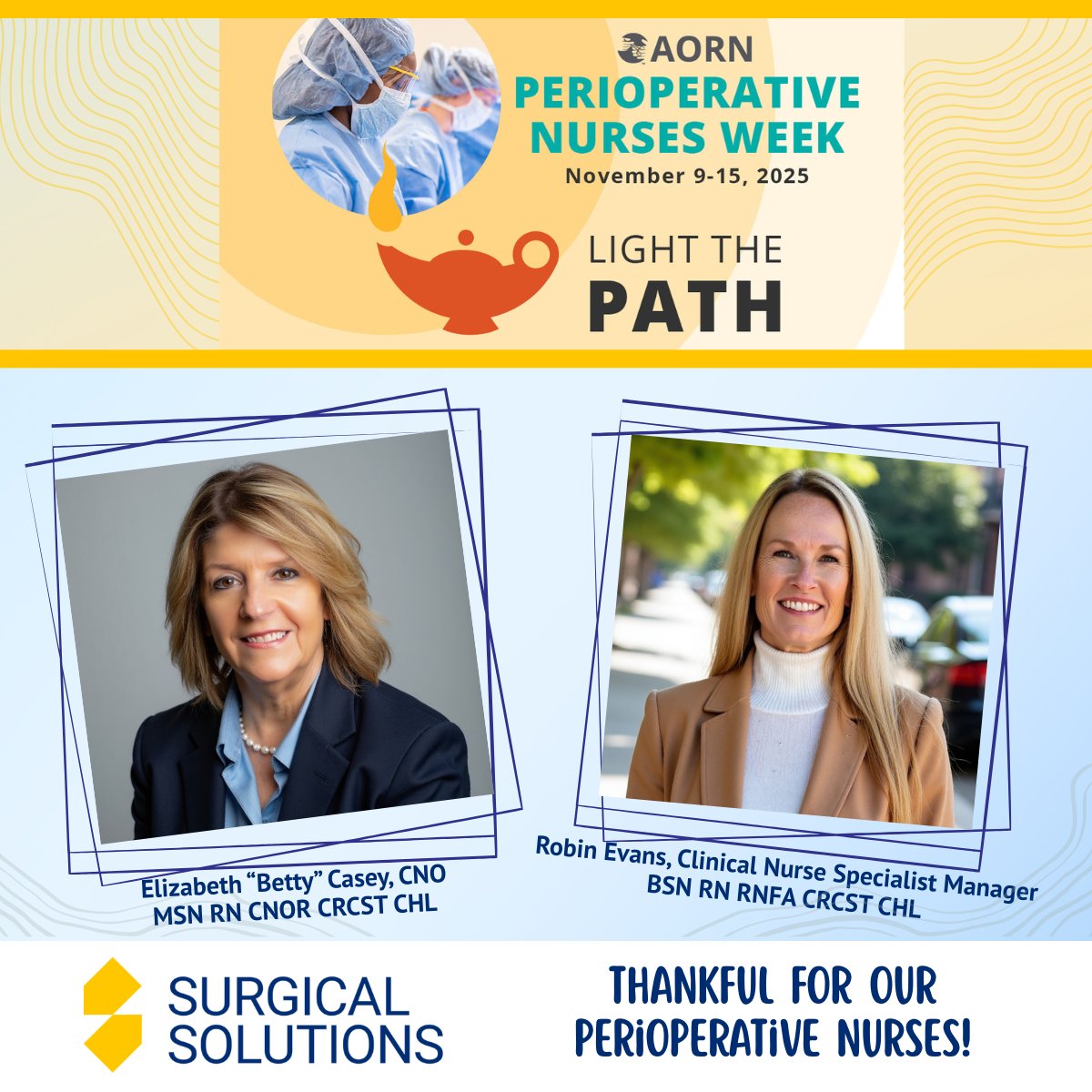 ss_healthcare's tweet image. 💛 Happy Perioperative Nurses Week! We’re proud of our own Perioperative nurses, Elizabeth “Betty” Casey and Robin Evans, whose expertise and dedication help us deliver exceptional surgical support nationwide. 
 
#PerioperativeNursesWeek #Thankful #SurgicalSolutions #ORToday