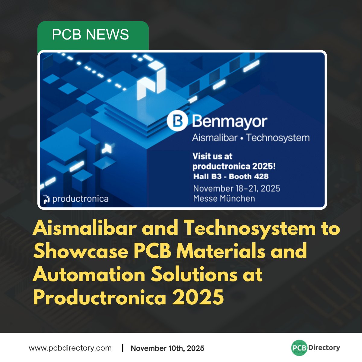 PCB_Directory's tweet image. BENMAYOR S.A., showcases next-gen thermal management PCB automation systems at Productronica 2025, celebrating 50 years of innovation. 

Read more: ow.ly/Ul0v50XpaQb

#printedcircuit #news #industry #Productronica2025 #electronics #PCB #automation #thermalmanagement