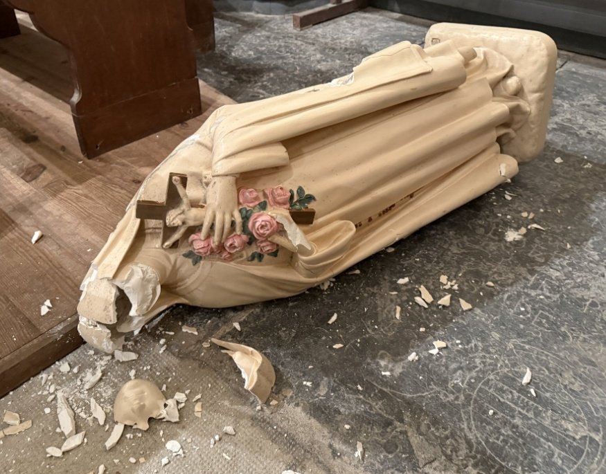 #France: Last week two religious statues were deliberately smashed to pieces inside the Church of Notre-Dame de l'Assomption in Montcenis. 
Authorities are investigating the incident as an act of anti-Christian vandalism.