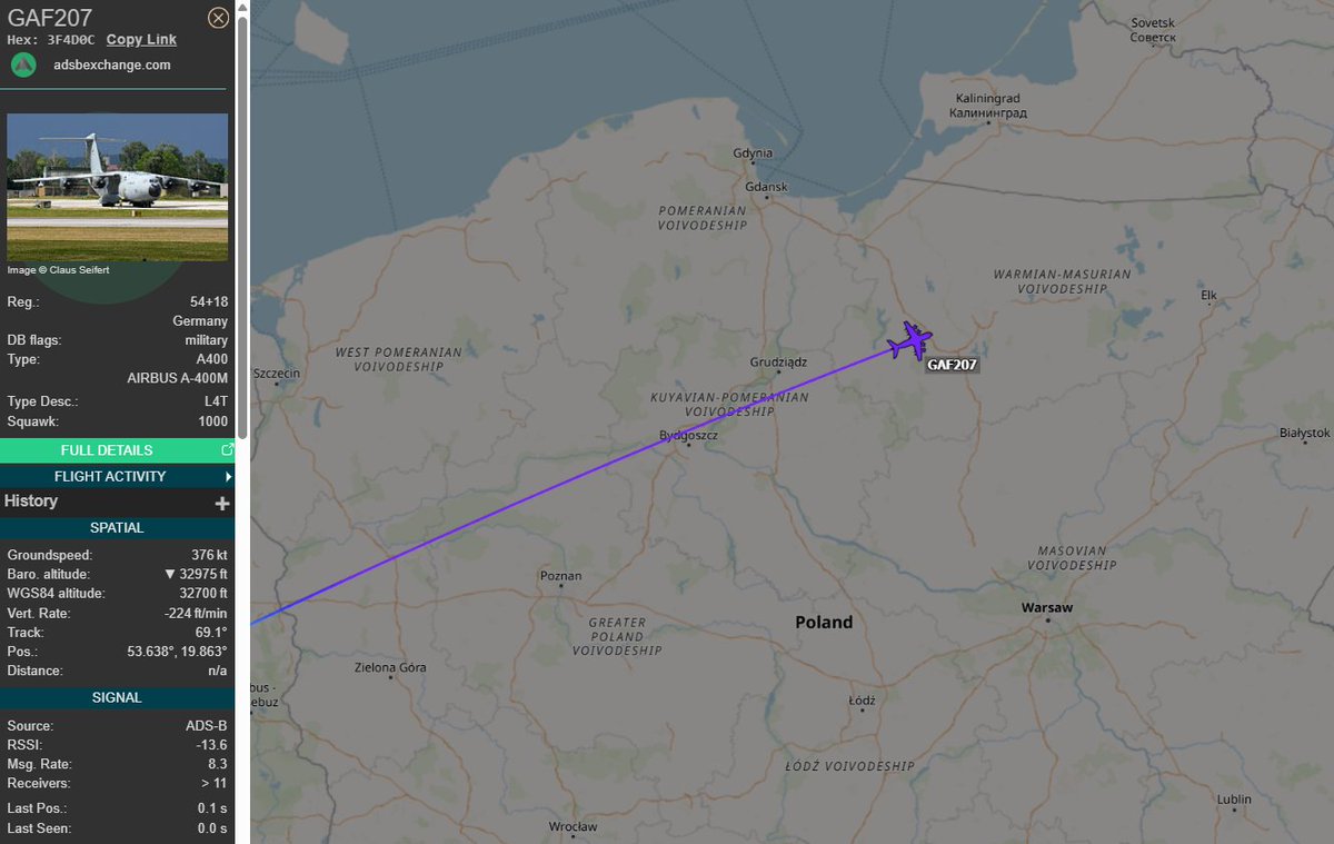 PolishMilRadar's tweet photo. 📅 10.11 ⌚️ 14:31LT - 🇩🇪✈️ Atlas tranzytem
🇩🇪 Siły Powietrzne Niemiec
✈️ Airbus A400M Atlas "54+18"
#GAF207 na wysokości przelotowej FL330
🛫 Baza lotnicza Holzdorf #ETSH 🇩🇪
🛬 Kowno #EYKA 🇱🇹
🔗 https://t.co/6Y6bGuCxGe
#POLMILRADAR https://t.co/zR2xPERcQg