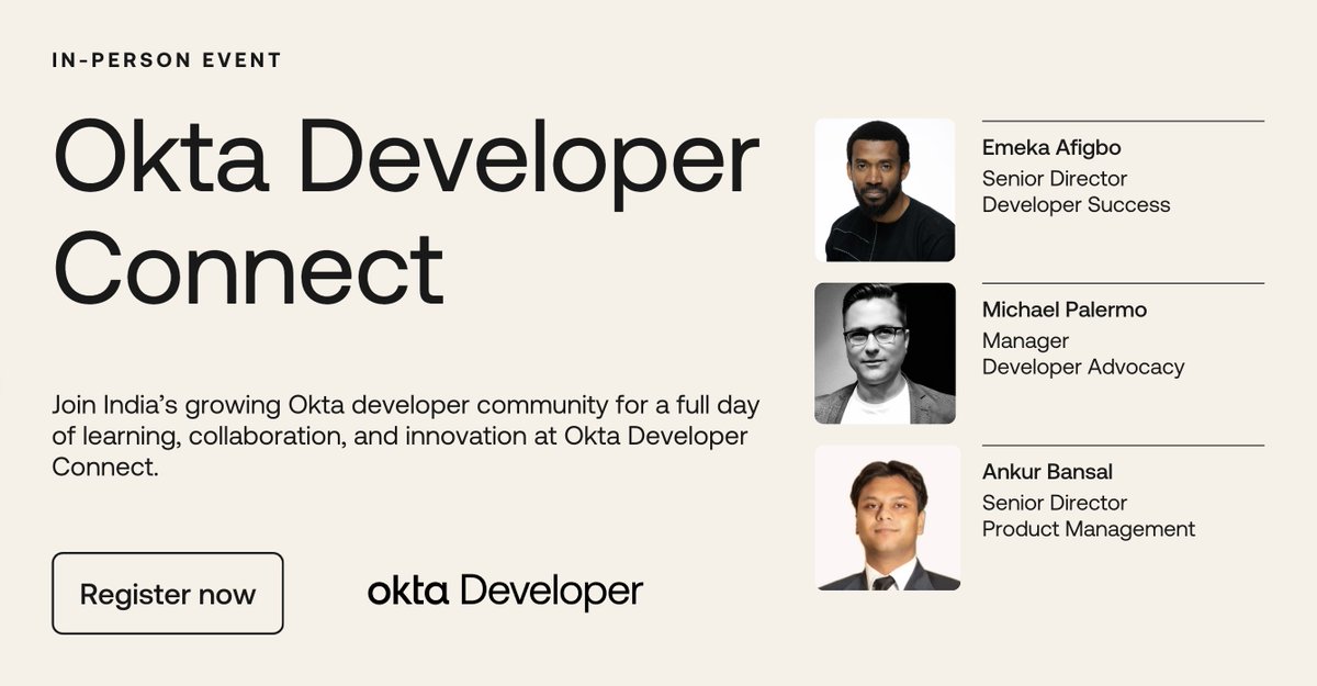 oktadev's tweet image. Meet the leaders shaping Okta Developer Connect 2025.

From global developer success to product innovation, they bring deep expertise and vision into how Okta powers secure, scalable, and intelligent applications.

🔗regionalevents.okta.com/oktadeveloperc…

#OktaDeveloperConnect #OktaDev #Okta