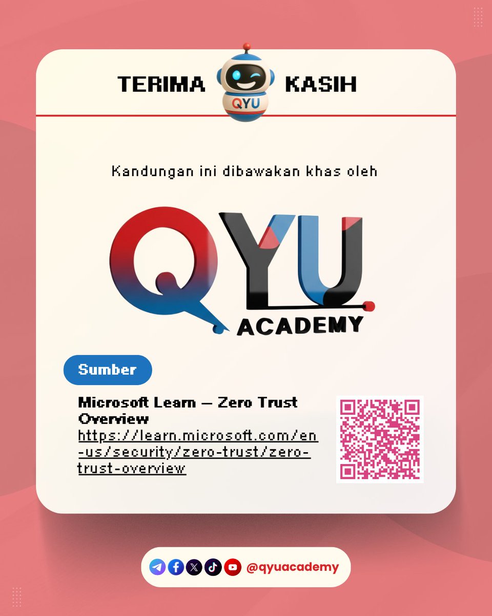 📊 APA ITU ZERO TRUST SECURITY? - PART 2
🌍 Dunia digital sekarang tak lagi ada sempadan — pengguna, data, dan peranti berhubung dari mana saja.

Jom bersama QYU Academy — Belajar. Mahir. Berjaya.

#QYUAcademy #BelajarDigital #QYUTips #JomMahir
