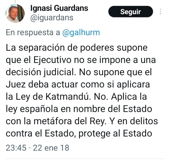 <a href="/iguardans/">Ignasi Guardans</a> Pues yo si que le leo a vd.
Hubo un tiempo en que abogaba vd. por la separación de poderes, pero parece ser que ya se le ha olvidado.