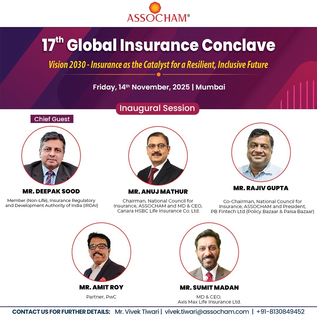 ASSOCHAM4India's tweet photo. Insurance stands at the heart of a resilient and inclusive economy.

At the ASSOCHAM 17th Global Insurance Conclave 2025, India’s leading policymakers, regulators, and industry leaders will convene to deliberate on the theme - “Vision 2030: Insurance as the Catalyst for a Resilient, Inclusive Future.”

The conclave will explore how innovation, technology, and collaboration are reshaping the insurance ecosystem, from expanding penetration and strengthening protection to driving InsurTech-led efficiency and trust across markets.

As India charts its path toward Vision 2030, ASSOCHAM continues to serve as the knowledge bridge between policy and industry, fostering dialogue that strengthens financial inclusion and long-term economic stability.

📅 14 November 2025 | 📍 Mumbai

🔗 Register here: https://t.co/xfogwtX4Ri

📩 For queries, please contact:
Mr. Vivek Tiwari | vivek.tiwari@assocham.com

#GlobalInsuranceConclave #Vision2030 #Insurance #InclusiveGrowth #InsurTech #FinancialResilience #FutureReadyIndia

@FinMinIndia @bhansali @utpal_bob @basu30470 @ankitraghav005