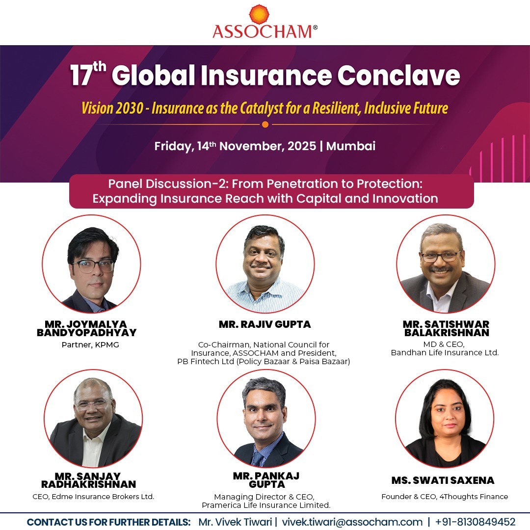 ASSOCHAM4India's tweet photo. Insurance stands at the heart of a resilient and inclusive economy.

At the ASSOCHAM 17th Global Insurance Conclave 2025, India’s leading policymakers, regulators, and industry leaders will convene to deliberate on the theme - “Vision 2030: Insurance as the Catalyst for a Resilient, Inclusive Future.”

The conclave will explore how innovation, technology, and collaboration are reshaping the insurance ecosystem, from expanding penetration and strengthening protection to driving InsurTech-led efficiency and trust across markets.

As India charts its path toward Vision 2030, ASSOCHAM continues to serve as the knowledge bridge between policy and industry, fostering dialogue that strengthens financial inclusion and long-term economic stability.

📅 14 November 2025 | 📍 Mumbai

🔗 Register here: https://t.co/xfogwtX4Ri

📩 For queries, please contact:
Mr. Vivek Tiwari | vivek.tiwari@assocham.com

#GlobalInsuranceConclave #Vision2030 #Insurance #InclusiveGrowth #InsurTech #FinancialResilience #FutureReadyIndia

@FinMinIndia @bhansali @utpal_bob @basu30470 @ankitraghav005