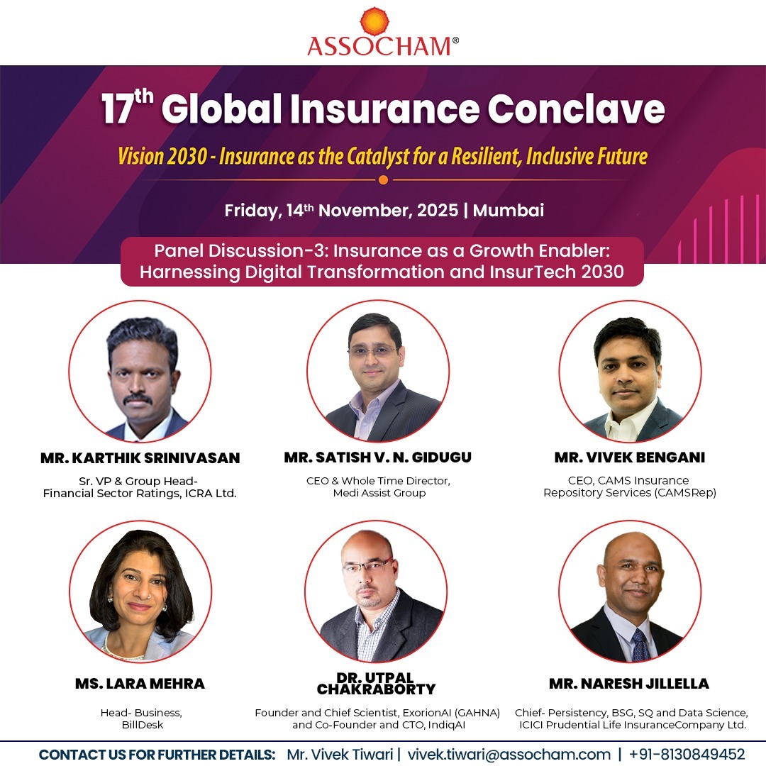 ASSOCHAM4India's tweet photo. Insurance stands at the heart of a resilient and inclusive economy.

At the ASSOCHAM 17th Global Insurance Conclave 2025, India’s leading policymakers, regulators, and industry leaders will convene to deliberate on the theme - “Vision 2030: Insurance as the Catalyst for a Resilient, Inclusive Future.”

The conclave will explore how innovation, technology, and collaboration are reshaping the insurance ecosystem, from expanding penetration and strengthening protection to driving InsurTech-led efficiency and trust across markets.

As India charts its path toward Vision 2030, ASSOCHAM continues to serve as the knowledge bridge between policy and industry, fostering dialogue that strengthens financial inclusion and long-term economic stability.

📅 14 November 2025 | 📍 Mumbai

🔗 Register here: https://t.co/xfogwtX4Ri

📩 For queries, please contact:
Mr. Vivek Tiwari | vivek.tiwari@assocham.com

#GlobalInsuranceConclave #Vision2030 #Insurance #InclusiveGrowth #InsurTech #FinancialResilience #FutureReadyIndia

@FinMinIndia @bhansali @utpal_bob @basu30470 @ankitraghav005