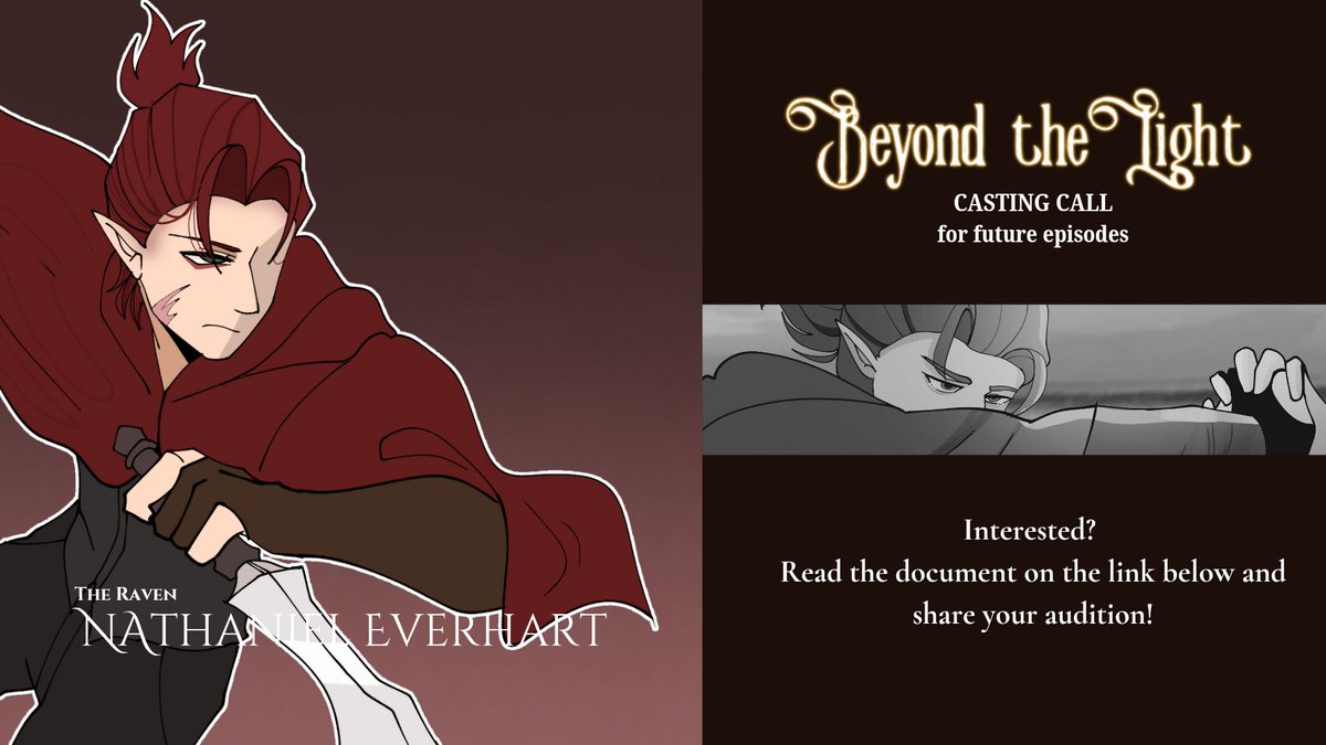 🐦‍⬛ OPEN CASTING CALL ⚔️

We're searching for a VA for our character, Nathaniel Everhart, in our indie animated series Beyond the Light! 

PS: He will appear in Episode 2🤭

This is a volunteer role with a deadline until the 25th of December!

#castingcall #indieanimation