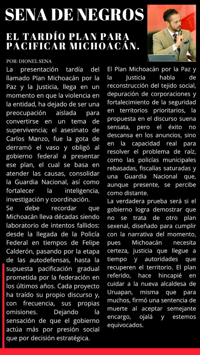 El tardío plan para pacificar #Michoacán: La #SenadeNegros de hoy...
Ccp <a href="/ClaudioMercadoR/">Claudio Mercado</a> <a href="/mfhh/">Ma. Fabiola Hernández Herrera</a> <a href="/RICH_ARAGON/">RICARDO ARAGON</a> <a href="/juancuit/">Juan C.Avalos Méndez</a> <a href="/luzyolanda09/">Luz Yolanda Martínez</a> <a href="/CarloSalinasITD/">Carlos Salinas García.</a> <a href="/ZujeyLuna10/">Zujey Luna</a> <a href="/LilyOrtiz26/">Lily Ortiz</a> <a href="/Victorablanco/">Víctor Blanco</a> <a href="/PatyJimenezD/">Paty Jiménez</a> <a href="/VeroPerezHerr/">Verónica Pérez Herrera</a> <a href="/yanez_arturo/">Arturo Yáñez</a> <a href="/lgalatorre/">Luis Alatorre</a> <a href="/AMojicaNarvaez/">Alejandro Mojica</a> <a href="/FerRochaDgo/">Fernando Rocha Amaro</a>