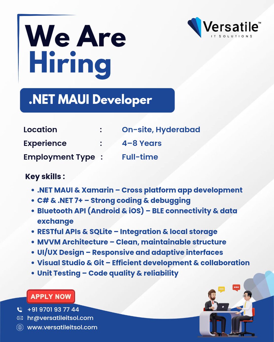 versatile_itsol's tweet image. Join Versatile IT Solutions!
We’re Hiring – .𝐍𝐄𝐓 𝐌𝐀𝐔𝐈 𝐃𝐞𝐯𝐞𝐥𝐨𝐩𝐞𝐫!
📍 Hyderabad (On-site)
💼 Experience: 4–8 Years
🕓 Full-time
📧 Send Resume: hr@versatileitsol.com
🌐 versatileitsol.com | 📞 +91 9701 93 77 44
#HiringNow #DotNetMAUI #HyderabadJobs