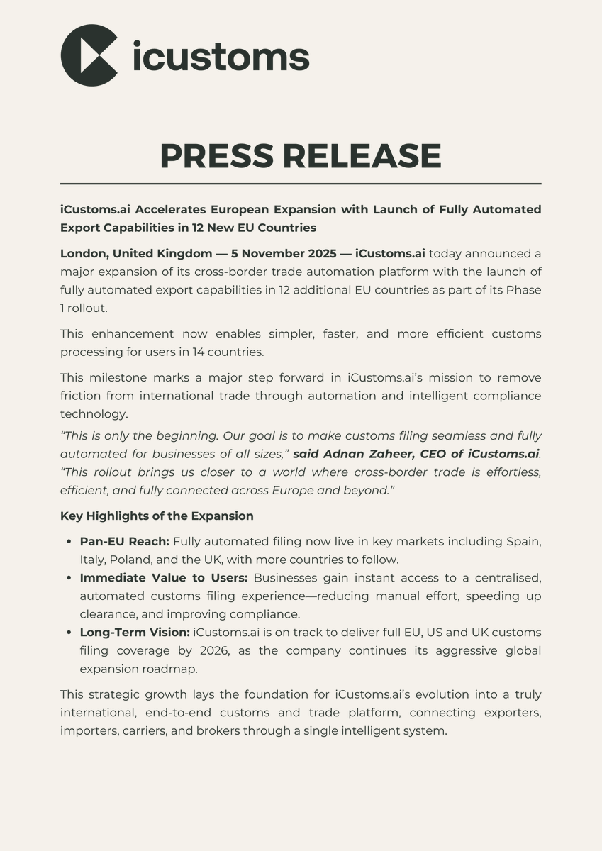 iCustoms_AI's tweet photo. 12 NEW COUNTRIES: https://t.co/7VT1jlBRSE expands fully automated EU export filing. 🇪🇺

The future of customs is here, bringing instant efficiency to 14 markets.

✅ Automated Filing ✅ Reduced Manual Effort ✅ Faster Clearance

#CustomsTech #TradeNews #iCustomsAI #Automation https://t.co/GfzfDIo4o2