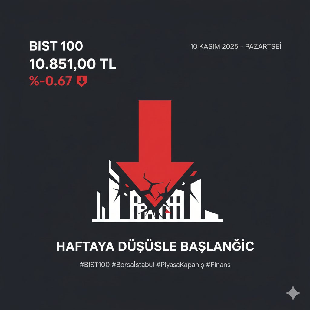 📉 BIST 100 Akşam Değerlendirmesi (Güncel Endeks: 10.851)
🔔 BIST 100 KAPANIŞ ANALİZİ | 10 Kasım Pazartesi
Borsa İstanbul, günü 10.851 puan seviyesinden kapattı ve günlük bazda %0,67 civarında bir kayıp yaşadı. 🔴
Haftaya düşüşle başlayan endeks, kapanışa doğru satış baskısıyla