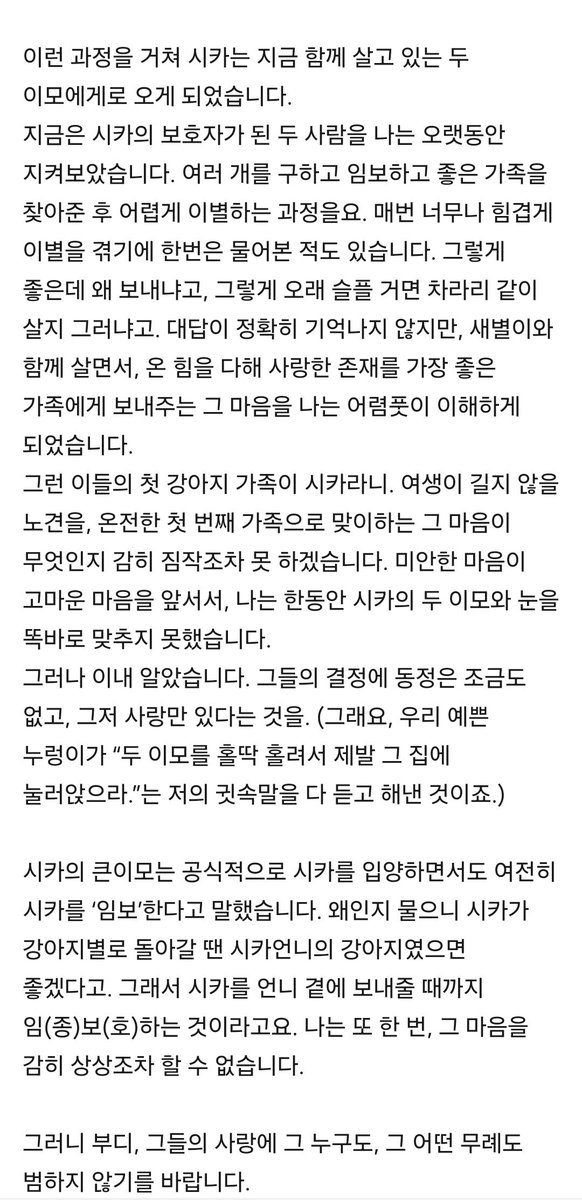 <a href="/boriborisbori/">제시카 심순, 그리고 이모들.</a> 몇번을 고쳐 쓰고 또 고쳐 쓰고 언젠간 이말을 해야지 하고 메모장에 담아두기만 했던 글의 '일부'를 이제는 전해요. 

고마워하지 말라고 했지만 나는 내내 고마워요. 

예쁜 누렁이와 행복만 하기를.