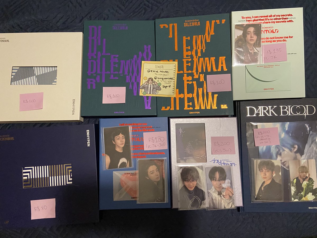 sungwoncore's tweet image. DROP: álbuns enhypen diversos

• álbuns sem pcs e completos!!
• valores aqui estão sem frete pois vão depender do tamanho do álbum 

🏷️ enhypen jungwon jake heeseung sunghoon sunoo jay niki dark blood romance untold carnival dilemma daydream album
