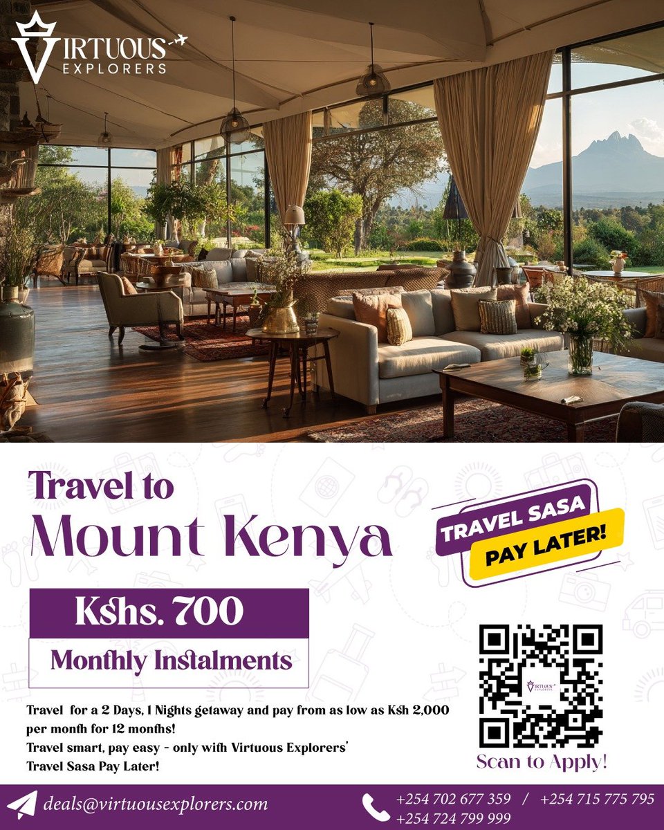 Travel Sasa, Lisa Later! Sarah Mtalii’s SafariPay app allows you to enjoy luxury trips without upfront financial pressure. Pay a small portion now and manage the balance over 12 months with ease. #VirtuousExplorersDeals <a href="/VirtuousClub/">Virtuous Explorers Travel Club</a>