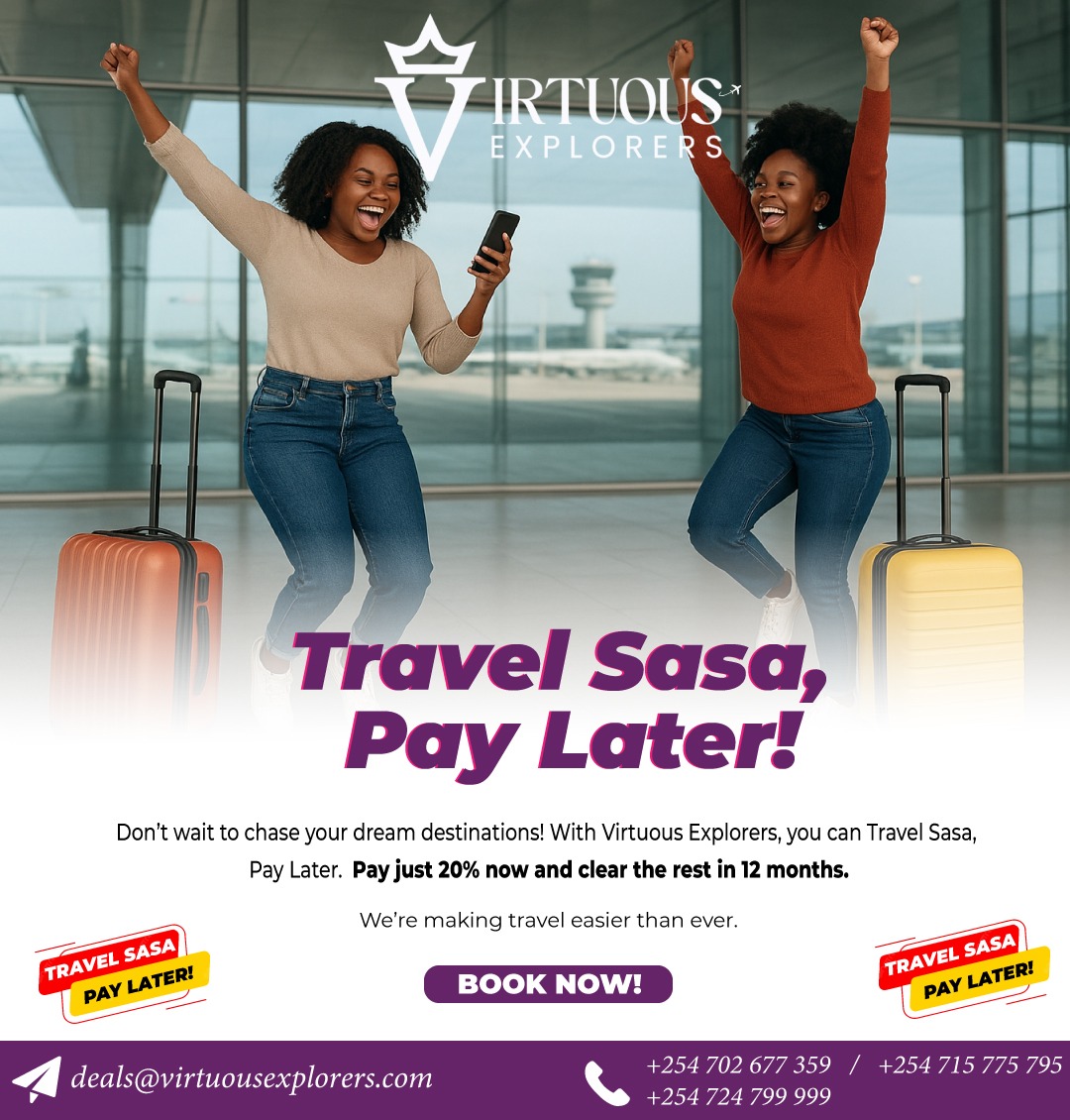 Virtuous Explorers brings global adventures closer to Kenyans. SafariPay lets you pay 20% upfront and spread the remaining cost in easy monthly installments, creating a stress-free travel experience for everyone. #VirtuousExplorersDeals <a href="/VirtuousClub/">Virtuous Explorers Travel Club</a>