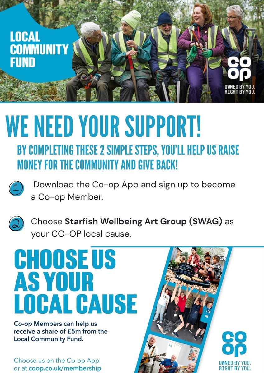 We need your help! 📷

By completing these 2 simple steps, you’ll help us raise money for the community and give back!
Click on the link below and get signed up REMEMBER to choose Starfish Wellbeing Art Group (SWAG) as your local cause! 
coopapp.onelink.me/ftOk/v0mhx96z