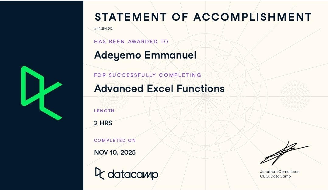 When a paid course becomes a free, limited-time opportunity, you move fast. 

​I just wrapped up DataCamp's Advanced Excel Functions in 2 hours, taking advantage of their free week.
​
​Making maximum use of the opportunity. Unto the next.
​#SkillUp #ValueCreation #DataAnalytics