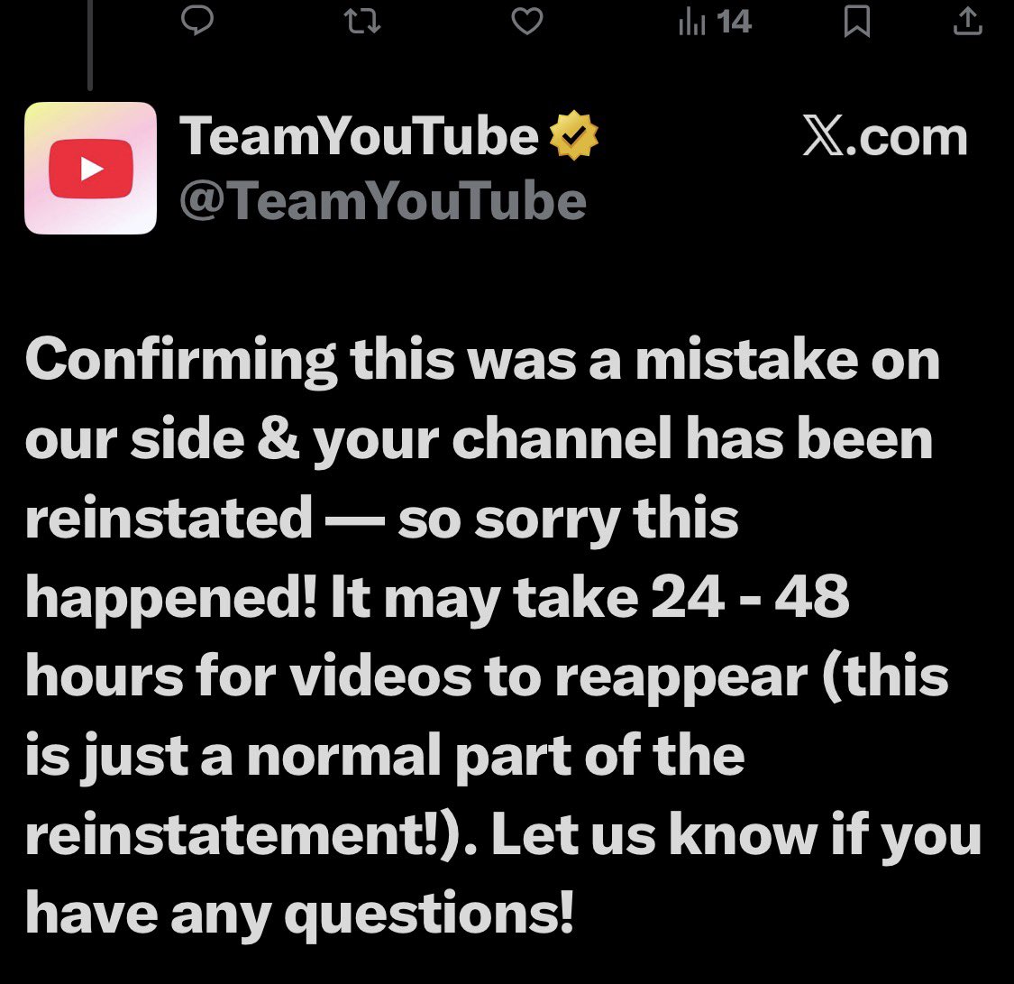 Thanks for the support and thanks to <a href="/TeamYouTube/">TeamYouTube</a> for taking a look and helping me very quickly! @youtube wins