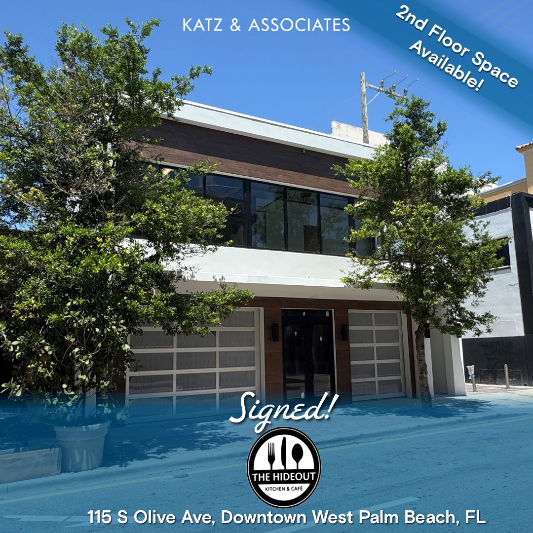 Signed! The Hide Out Kitchen &amp; Cafe is coming to 115 S Olive Ave in downtown West Palm Beach, FL. The restaurant is slated to open next summer. Congrats to Katz &amp; Associates’ Allan Carlisle, Jon Cashion, and Lauren Powell, who represented the landlord in the lease.