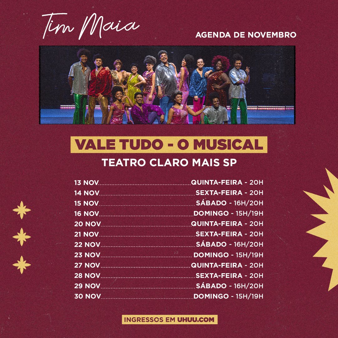 Agenda atualizada com as datas do mês! Já garantiu seu ingresso para o espetáculo? Clique no link da bio e não perca 🕺🏽

📍 <a href="/teatroclaromais/">Teatro Claro MAIS</a> #TimMaia #ReiDoSoul #MPB