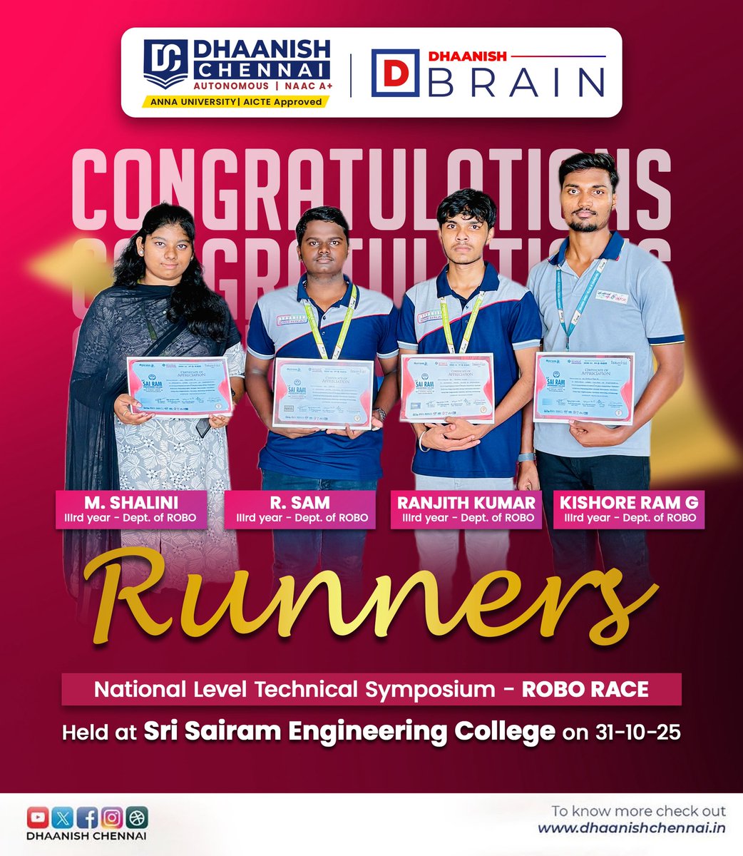 DhaanishE's tweet image. 🤖💨 Racing with innovation!
Our Robo team from Dhaanish Chennai bagged the Runner-Up title at the National Level ROBO RACE, Sri Sairam Engineering College.
Teamwork + Tech skills = Dhaanish Brilliance! ⚡
#DhaanishChennai #RoboRace #DhaanishBrain #NationalSymposium