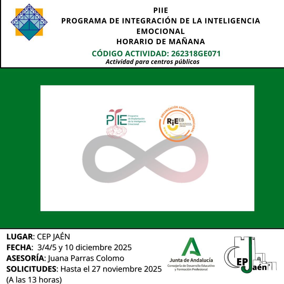 ¡Atención!!! Profesorado EPER/ ERE
Si te interesa la Inteligencia Emocional, esta formación es para ti. Desarrollaremos el PIIE. Programa de Implantación de la Inteligencia Emocional en el Aula.
Puedes inscribirte en este enlace:
lajunta.es/62gmo