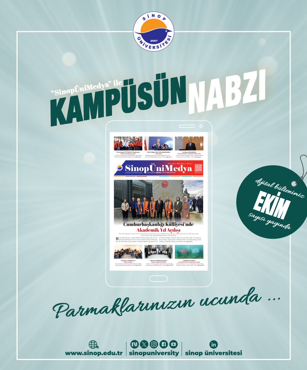 🌅 SinopÜniMedya | Ekim Sayısı Yayında! 🗞️✨

Sinop Üniversitesi’nin dijital bülteni SinopÜniMedya, dopdolu Ekim sayısıyla sizlerle! 📆

🧭 THE 2026 Dünya Üniversite Sıralamalarında ilk kez yer alan Sinop Üniversitesi
🎇 Cumhuriyetimizin 102. yılı kutlamalarındaki coşku ve