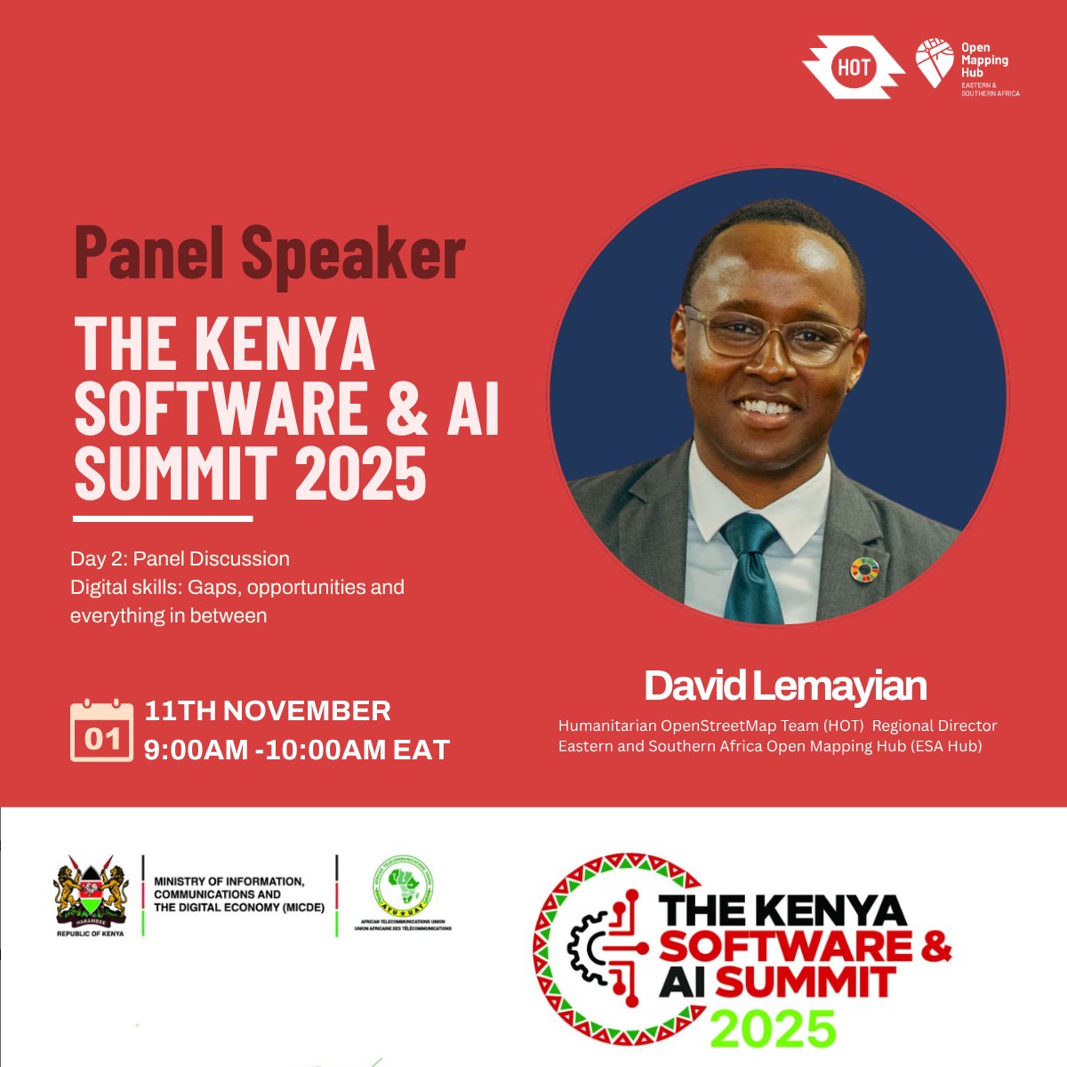 Our Regional Director <a href="/DavidLemayian/">David Lemayian ✨</a>  speaks at <a href="/software_summit/">The Kenya Software & AI Summit</a>  tomorrow on "Digital Skills: Gaps, Opportunities, and Everything in Between."

Get to learn on how we build capacity through HOT's learning centre: learning.hotosm.org

Register: softwaresummit.go.ke