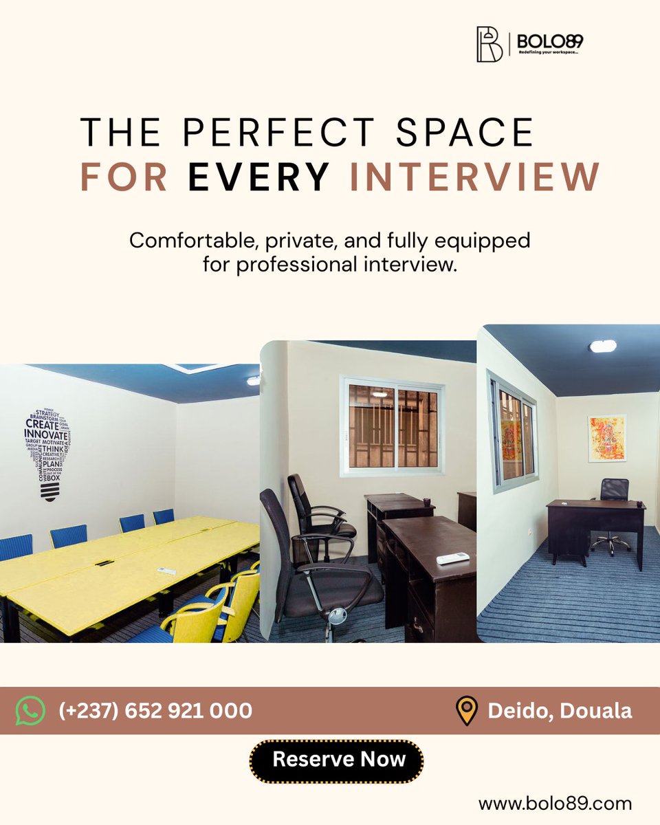 BOLO89official's tweet image. 𝐓𝐡𝐞 𝐏𝐞𝐫𝐟𝐞𝐜𝐭 𝐒𝐩𝐚𝐜𝐞 𝐟𝐨𝐫 𝐄𝐯𝐞𝐫𝐲 𝐈𝐧𝐭𝐞𝐫𝐯𝐢𝐞𝐰💼
Private, comfortable, and fully equipped.
Make your next professional meeting effortless at BOLO89.
📍 Deido, Douala
📞 (+237) 652 921 000
#BOLO89 #InterviewRoom #Cameroon #coworking