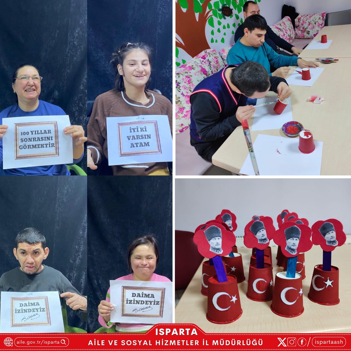 📍 Isparta

Engelsiz Yaşam Bakım, Rehabilitasyon ve Aile Danışma Merkezimizde, özel gereksinimli bireylerimizle birlikte 10 Kasım Atatürk’ü Anma Günü kapsamında etkinlik düzenlendi.

<a href="/ashb_eyhgm/">Engelli ve Yaşlı Hizmetleri Genel Müdürlüğü</a>
<a href="/tcailesosyal/">T.C. Aile ve Sosyal Hizmetler Bakanlığı</a>