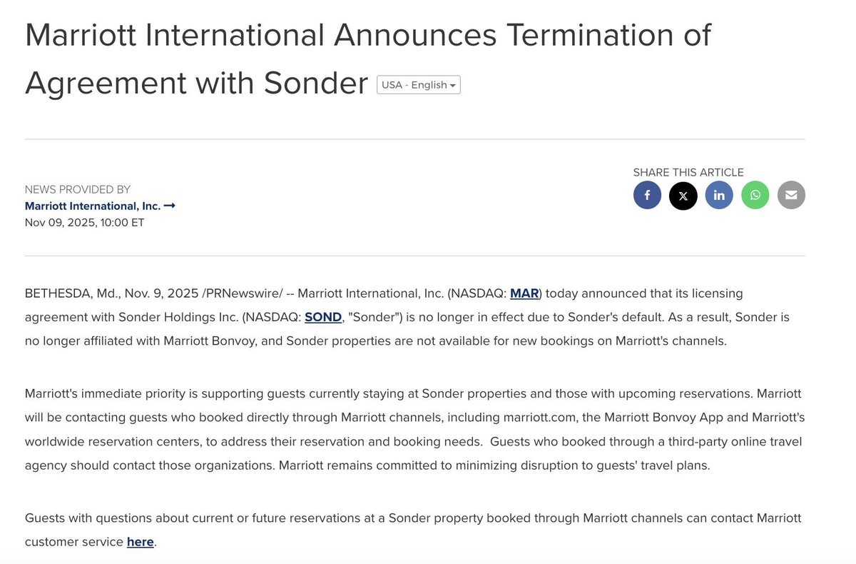 bobbyfijan's tweet photo. Marriott ends partnership with Sonder … And cancels all existing reservations. https://t.co/rUhKQx1jMz