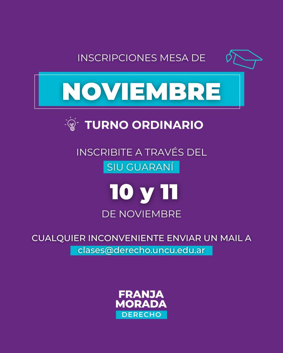 INCRIPCIONES | TURNO: NOVIEMBRE

🫶🏼 Desde Franja Morada te avisamos que los días 10 y 11 de noviembre son las inscripciones a las mesas, a traves del SIU guaraní. 

‼️ Cualquier inconveniente, enviar un mail a clases@derecho.uncu.edu.ar

🍀 ¡Éxitos en tus exámenes finales!