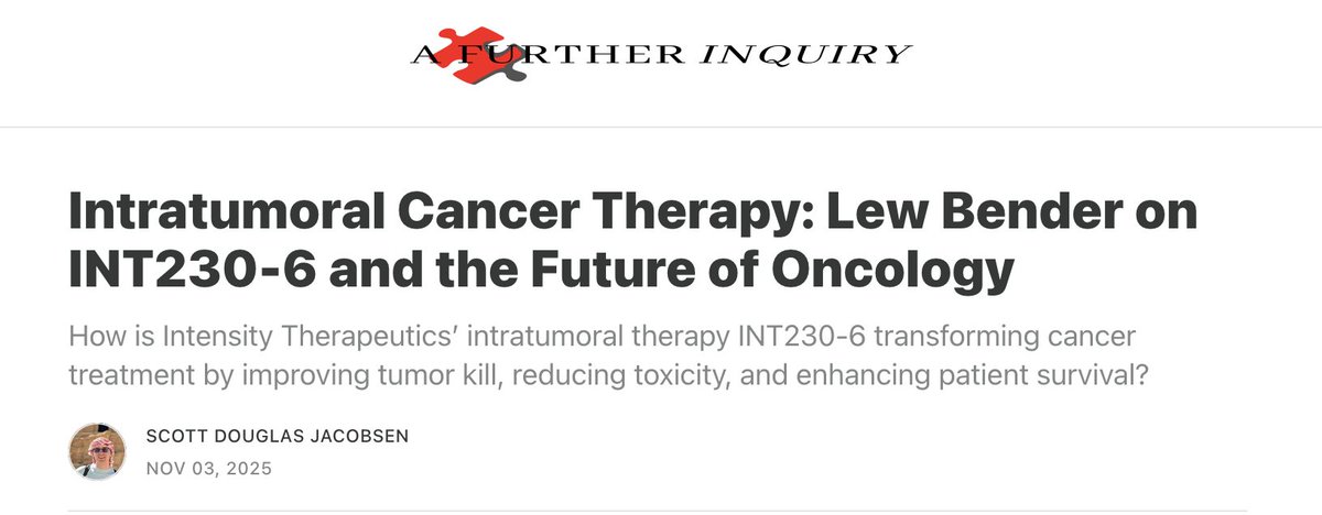 IntensityInc's tweet image. Check out this interview in ‌@afurtherinquiry on $INTS&apos; intratumoral therapy #INT2306.

CEO, Lew Bender, explains how INT230-6 is redefining #cancertreatment, the science behind #DfuseRx, and insights from ongoing #clinicaltrials.

Read more: bit.ly/4hFlqim