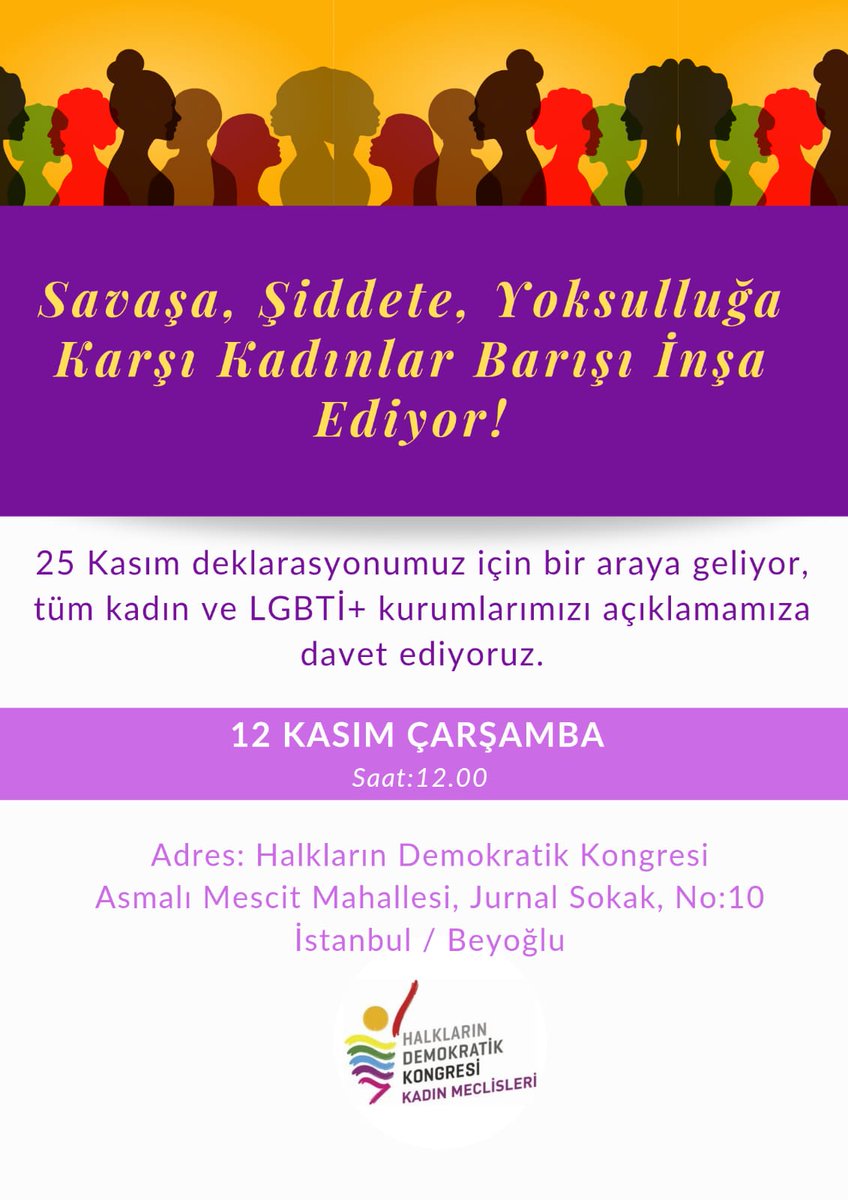 Savaşa, Şiddete, Yoksulluğa Karşı Kadınlar Barışı İnşa Ediyor! 

12 Kasım Çarşamba saat 12.00'de Halkların Demokratik Kongresi Genel Merkez binasında buluşuyor, 25 Kasım deklarasyonumuzu ilan ediyoruz.