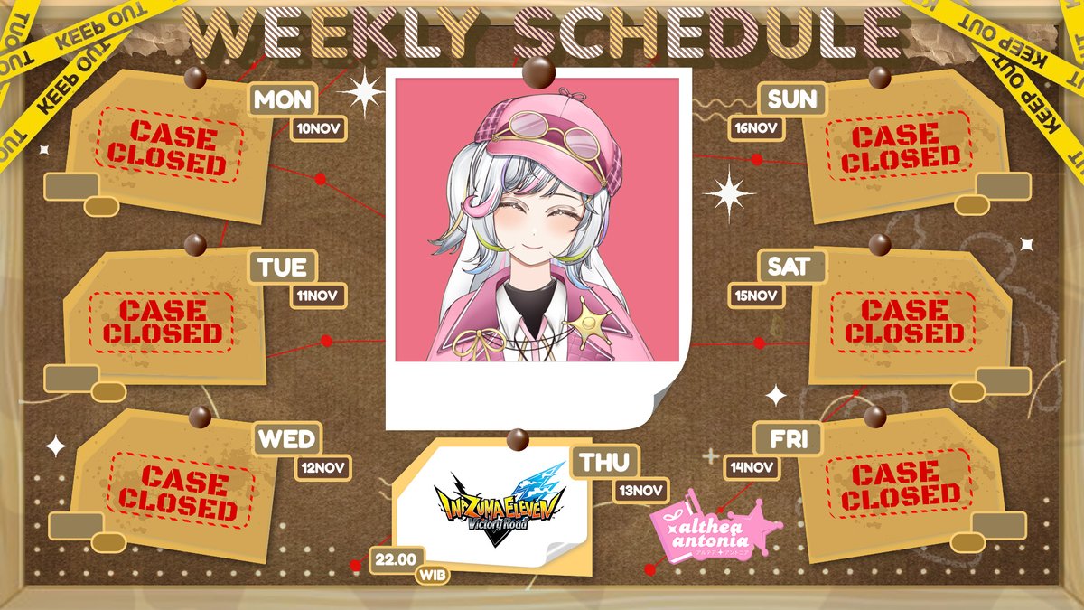 [Weekly Schedule] 10 November - 16 November

👀 Hashtag 👀
General : #AltheaAntonia
Live : #antonongki
Art : #TheArtonia
FanName : #SaksiAnton
Announcement : #suaralthea

NB : Jadwal bisa berubah sewaktu-waktu  #SCHEDULE #VTuberUprising #LAETA