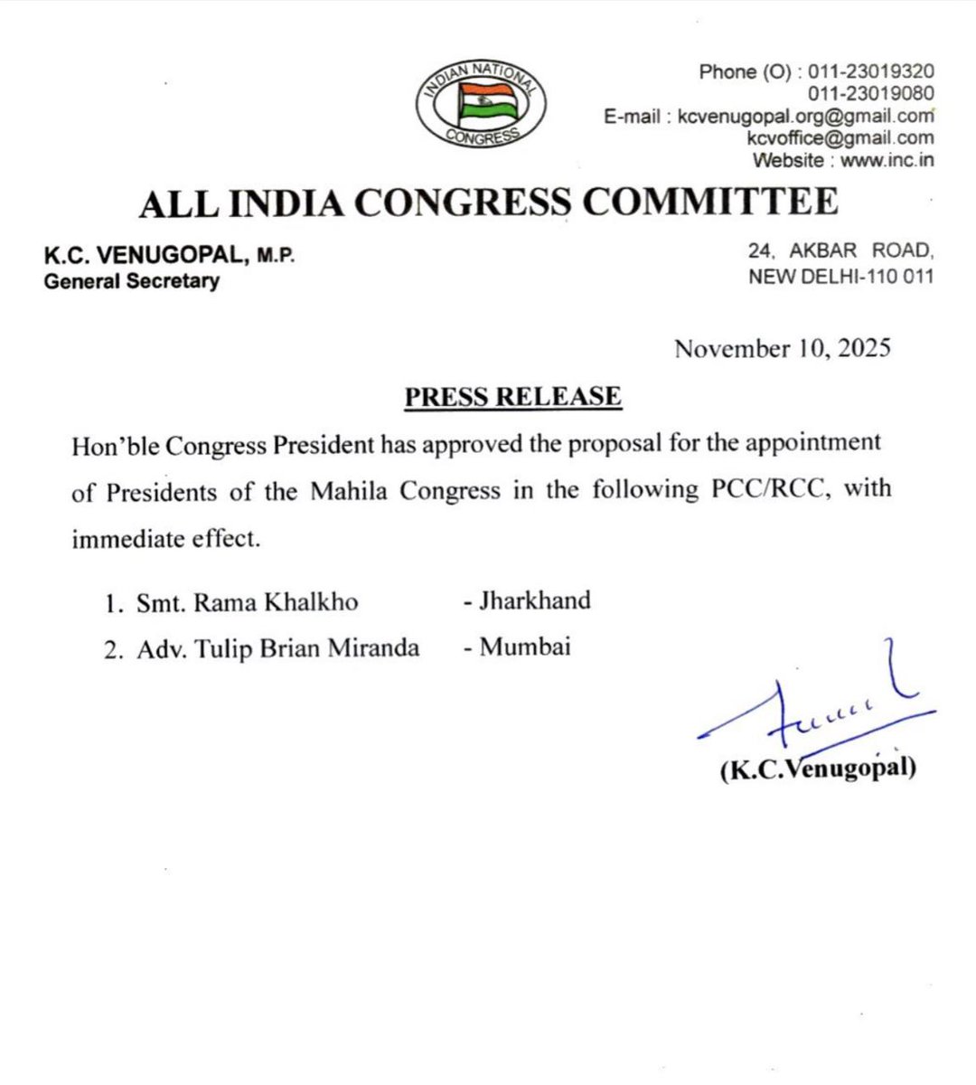 Congratulations to Adv. Tulip Miranda on being appointed as the President of Mumbai Mahila Congress. 🎉

Wishing you all the best as you lead the team with strength and determination to champion women’s rights and voices across Mumbai. 💪

<a href="/MisquittaT3240/">Tulip Miranda</a>

#MahilaCongress