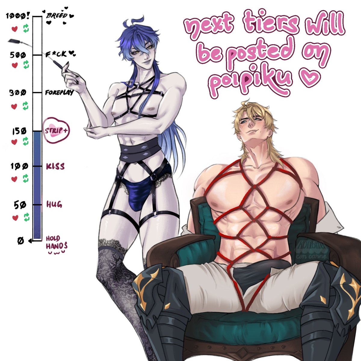 I never said what they'd be stripping down to so this is still accurate! Anyway next tiers previews will be posted here but full on poipiku 😌
#varflins #knightlight #genshin #原神 #ルカキリ