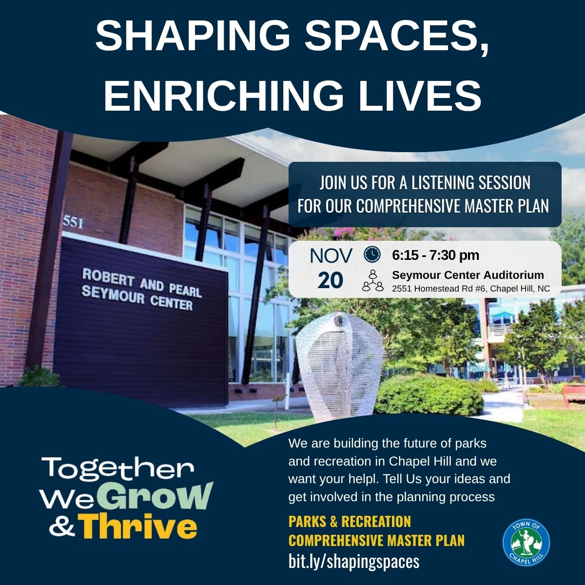 🌳✨ Shape the future of parks &amp; recreation in Chapel Hill! Join us on Nov 20, 2025, from 6:15-7:30 pm at Seymour Center Auditorium to share your dreams for our community spaces. Together, we’ll enrich lives and create vibrant places! 💬🌟 #ChapelHillParks #YourVoiceMatters