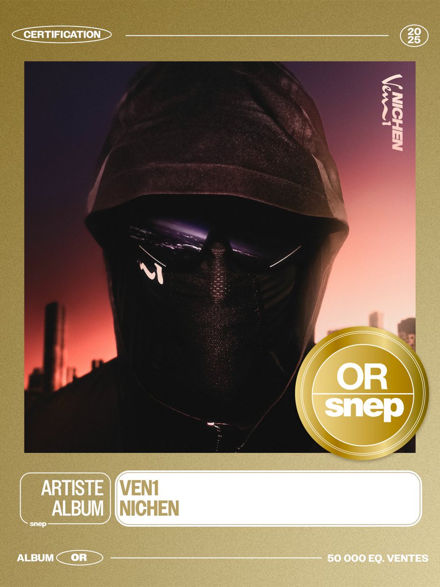 L'album « Nichen » de Ven1 est certifié Or ! 📀

50 000 équivalents ventes 📈

Bravo ! 👏