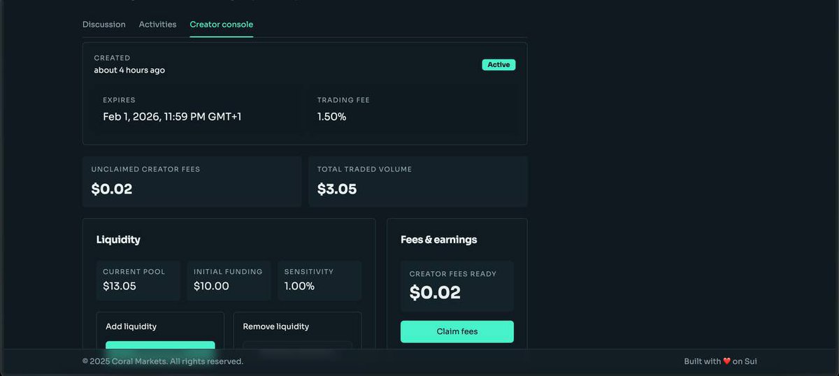 coral_xch's tweet photo. Coral Testnet just got an upgrade

We’ve rolled out a new update focused on improving how users create, manage, and participate in markets.

New features include:

-Wallet connection
-Market creation now requires a minimum of 10 USDC
-Support for multiple market types
-Multiple outcome markets
-Creator console for managing liquidity and claiming fees
-UI and performance improvements
-Enhanced discussion experience
-Additional fixes and optimizations

You can try it now, explore, experiment, and share your feedback as it helps us refine Coral ahead of the next iteration.

gCoral🌊