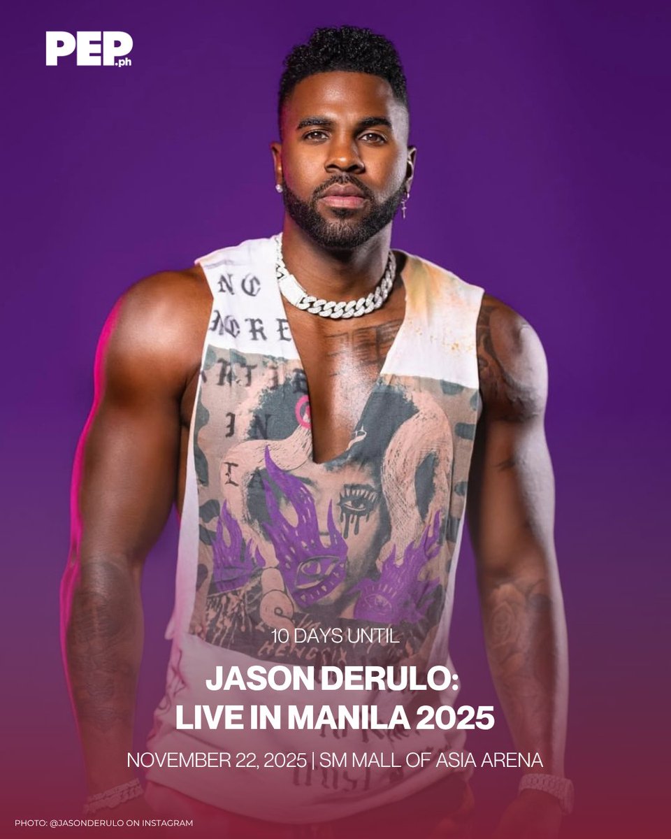 PEPalerts's tweet image. Just 10 days to go before Jason Derulo lights up the SM Mall of Asia Arena! 🔥 

After 9 long years, the “Savage Love” hitmaker is finally back in Manila on November 22, 2025! ✨  

#JasonDerulo #JasonDeruloLiveInManila #PEPCountdown #PEPConcerts