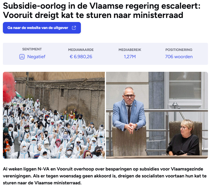 Mauritsvdr's tweet photo. Onwaarschijnlijk dit. In deze tijden gaat de Vlaamse regering 80 miljoen euro nieuwe subsidies goedkeuren voor vijf jaar lang. Aan een reeks politieke VZW's, klimaatactivisten, opleidingcentra van vakbonden, tot zelfs Anuna De Wever toe.

De N-VA ligt blijkbaar dwars omdat ... ze nog meer subsidies willen uitdelen uit dit potje. Aan organisaties die toevallig tot hun Vlaams-nationalistische zuil. 

Ironisch genoeg ligt de Vlaamse regering dus in ruzie omdat Vooruit een klein beetje wil besparen en N-VA niet.

Nog maar een paar weken geleden verhoogde de Vlaamse regering de belastingen drastisch en ging minister van begroting @BenWeyts een "crackdown" op subsidies doen.

Schaf heel deze onzin toch gewoon af. Het Vlaams niveau zakt steeds verder weg in de subsidieziekte. Je kan dit niet meer serieus nemen.